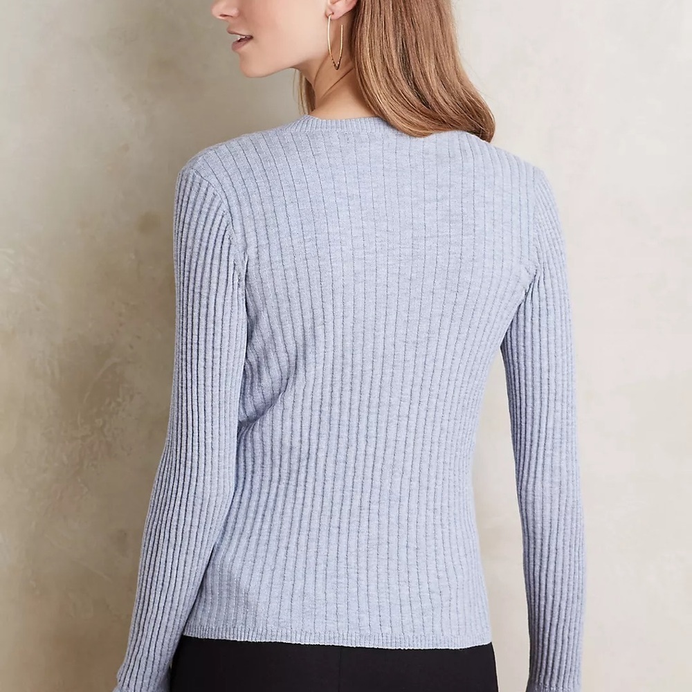 Anthropologie Knitted & Knitted Light Gray Open Ribbed Cardigan Lace Trim S - Picture 2 of 9